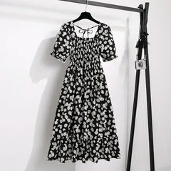 Black floral chiffon A-line dress with puff sleeves, elastic waist, tiered skirt