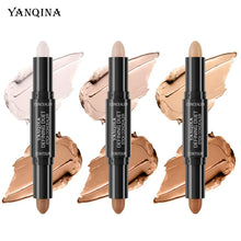 Concealer and contour stick with spread swatches in cream, light tan, and deep tan