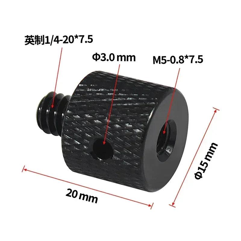 Tripod camera screw adapter, black knurled cylinder with M5-0.8 and 1/4-20 thread