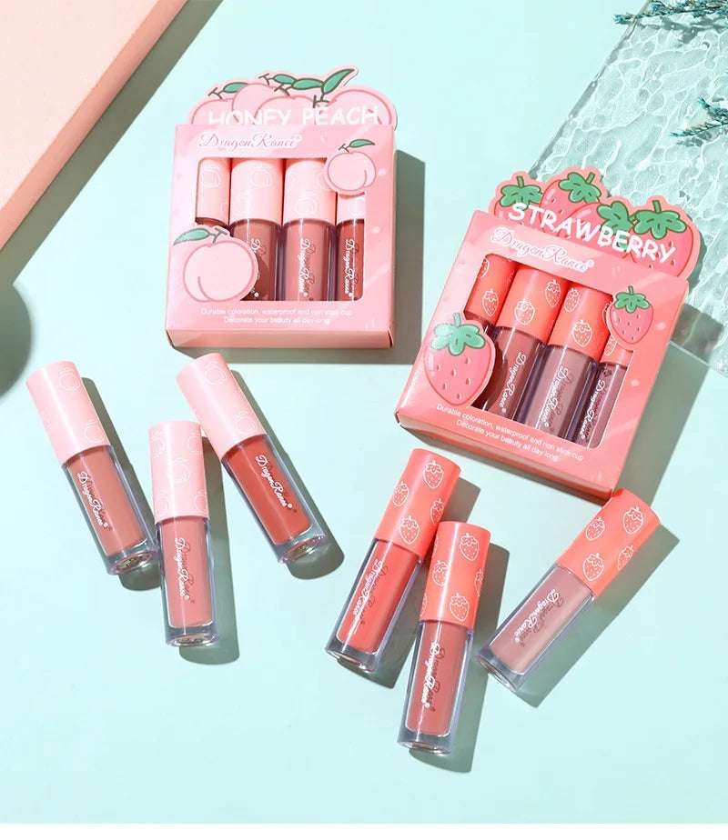 Mini Velvet Matte Lip Gloss Set, 4-Piece Non-Fading, Non-Stick Cup, Long-Lasting Fruit Scented Lip Tint, Smooth and Lightweight