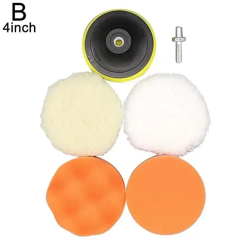 Car polishing pad set with yellow-rim backing, screw stud, and four wool polishing pads