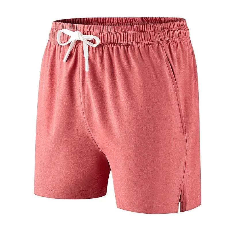 Men's running shorts in watermelon red with elastic waistband and white drawstring