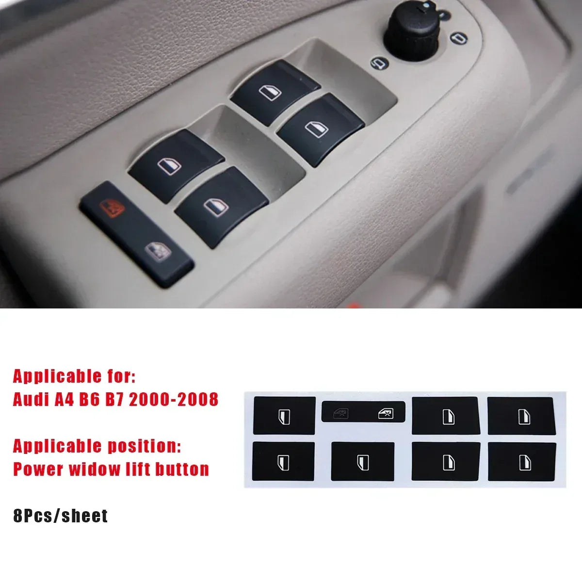 Power window lift button repair sticker set with black icons and red trim details