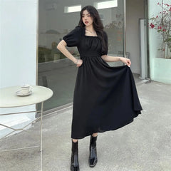 فستان نسائي صيفي من Faion بياقة مربعة من Sweet Retro Dr Tea Break First Love Long Bla Dr Waist Cinched
