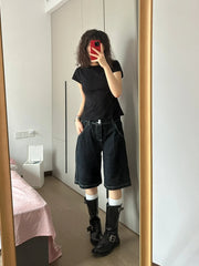 High Waist Wide Leg Denim orts Women's Summer New Casual Loose Slimming Five-Quarter Straight Cut Trendy Jeans Pants
