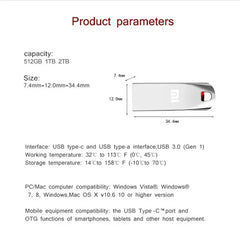 2TB Metal Usb 3.0 Flash Drives High Speed Pendrive 1TB 512GB Usb Drive Portable SSD Memoria Usb Flash Disk TYPE-C Adapter