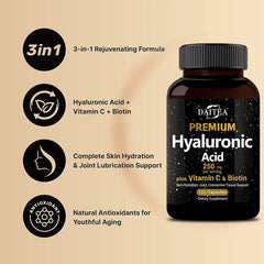 Hyaluronic Acid Supplement 250 Mg with Biotin and Vitamin C-3-in-1 - Skin Moisturization, Joint Lubrication, Hair and Eye Health