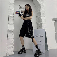 شورت كارجو فضفاض للنساء بجيوب كبيرة من Harajuku Japan شورت بناتي للزوجين من Ulzzang الكوري العصري في الشارع الصيفي شورت هيب هوب للبنات