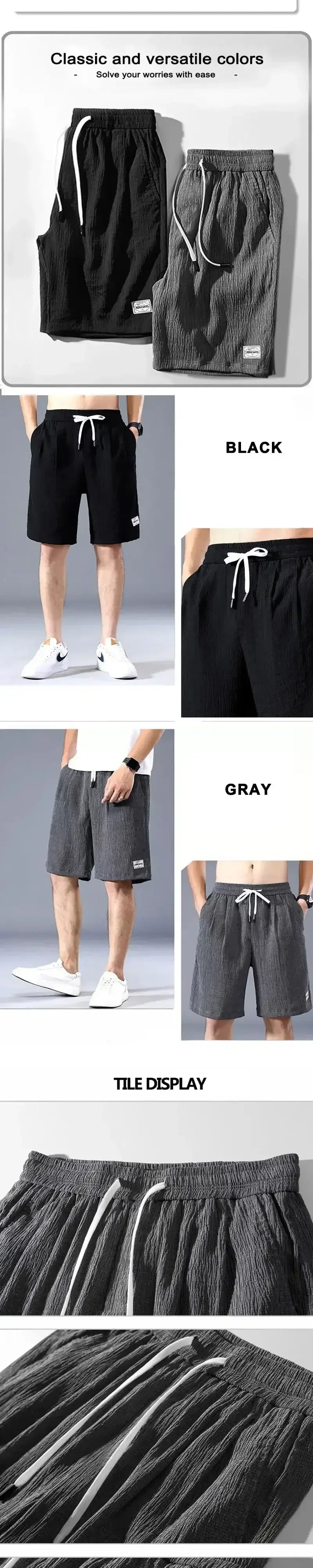 Men's drawstring silk shorts in black and gray, color option display