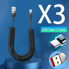 Car USB Type C/Type C to Type C/USB LIGHTNING Fast Charging Spring Telescopic Cable For iPhone 16 15 14 Samsung Xiaomi OnePlus