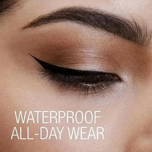 Black winged liquid eyeliner on closed eye with groomed eyebrow