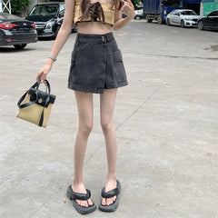 High Waist Slimming Denim  Skirt Summer 2023 Women's plus Size Faionable orts Asymmetrical Jeans Skirt