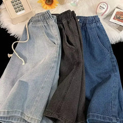 High Waist Wide Leg ort Jeans Women's Summer Loose Fit Slimming Straight Cut Blue Denim orts Thin Material Five-Quarter L...