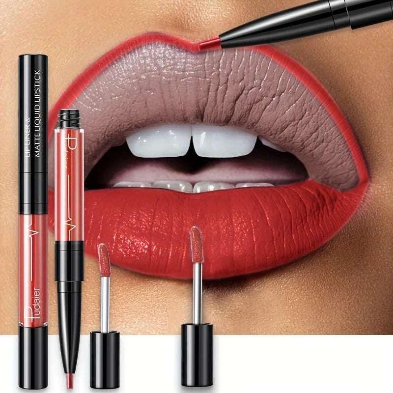 Lip liner set with warm red lip contour and capped liner pencils with doe-foot tip