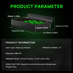 Car HUD head-up display unit, black housing with green digital speed readout