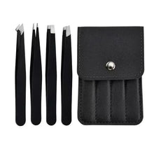 Black slant-tip tweezers with black storage pouch and metal snap button.