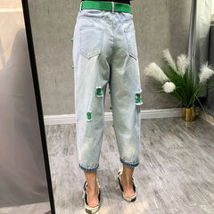 High Waist Skinny Jeans Women's Thin Denim Pants Bell Bot Casual Loose Fit Nine-Tenths Length Hole Design Harlan Sle
