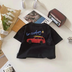 Child Short Sleeve Bottoming Shirt Cartoon Car Print Tops Solid Color Fashion Casual Wear 0-6Age Boys Summer Trendy Clothing