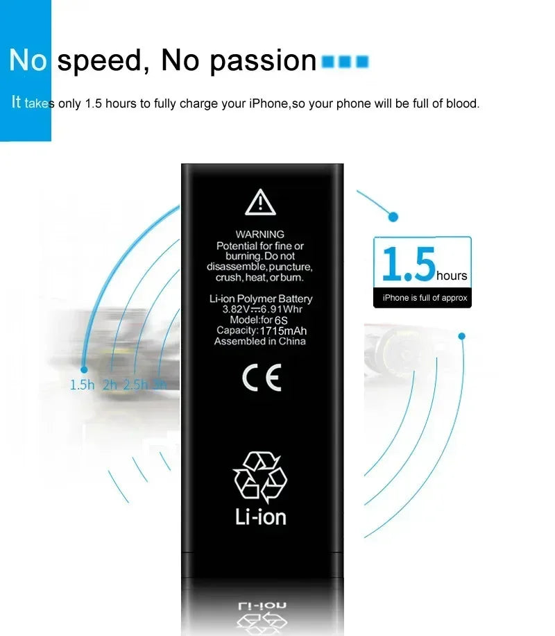 Mumzar iPhone 11 to 14 replacement battery black Li ion pack with warning text and one and a half hour charge claim