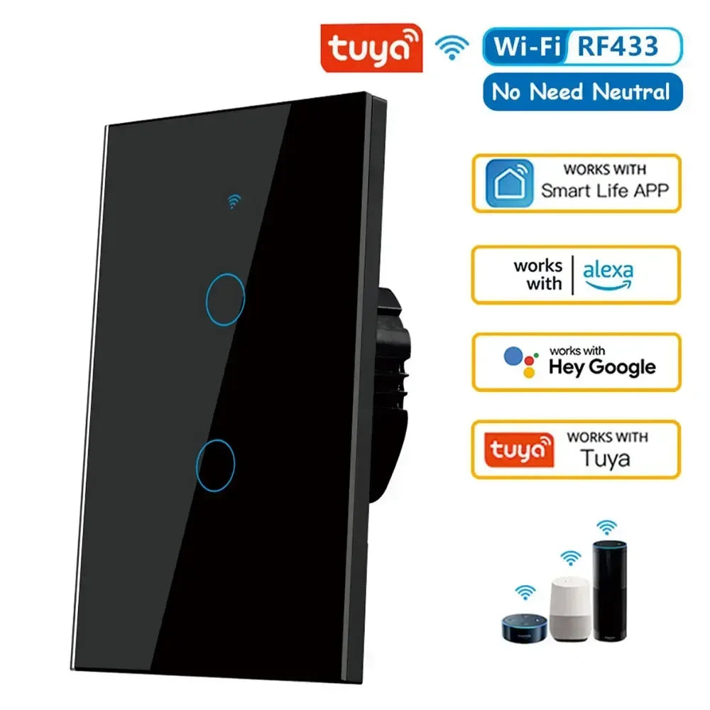 WiFi RF433 smart wall touch switch, glossy black panel with two round touch buttons