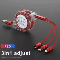 3-in-1 Telescopic USB Fast Charging Cable for iPhone 15/Samsung S23/Huawei, Type-C & Android Phone, 3A Nylon-Braided Durable Cha