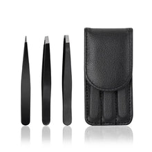 Black eyebrow tweezers with black leather-style storage pouch