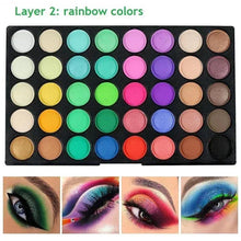 Rainbow-toned eyeshadow palette with round pans and colorful eye makeup looks