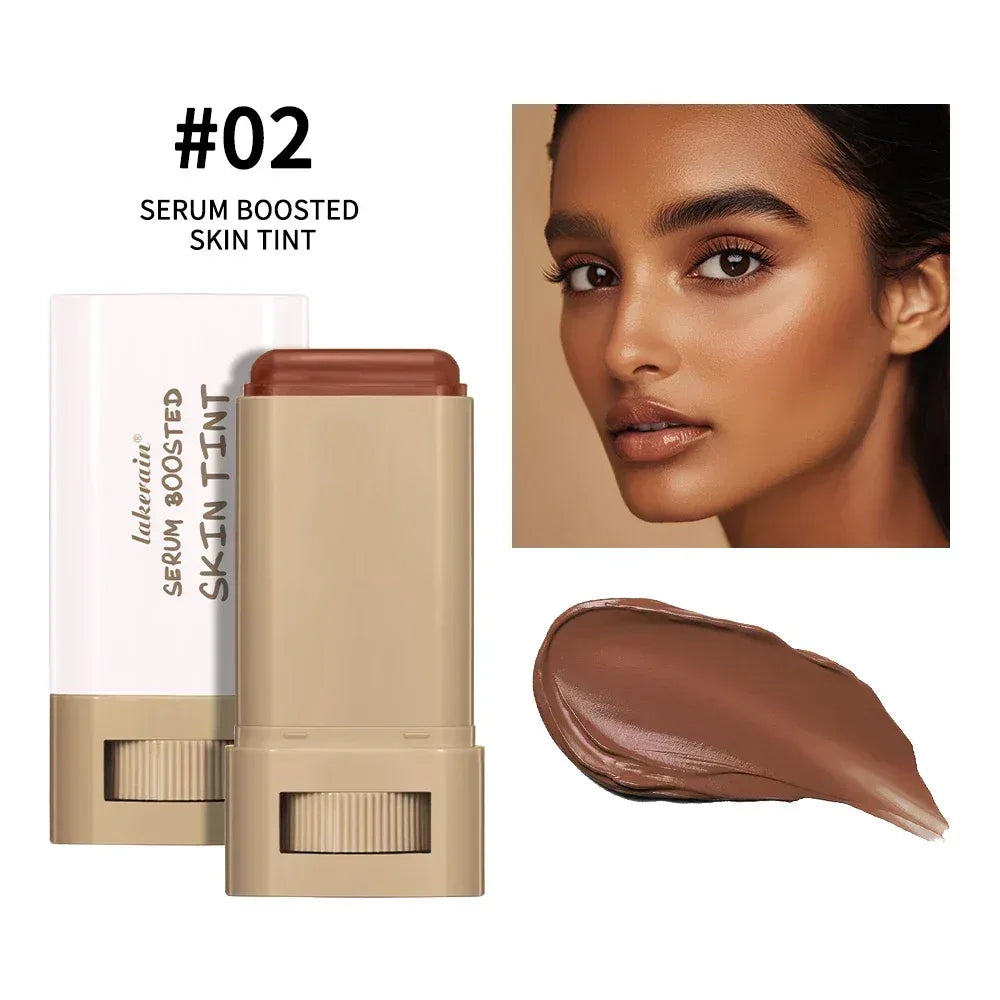 Foundation stick, shade #02 serum boosted skin tint; beige-tan stick with cap and swipe.