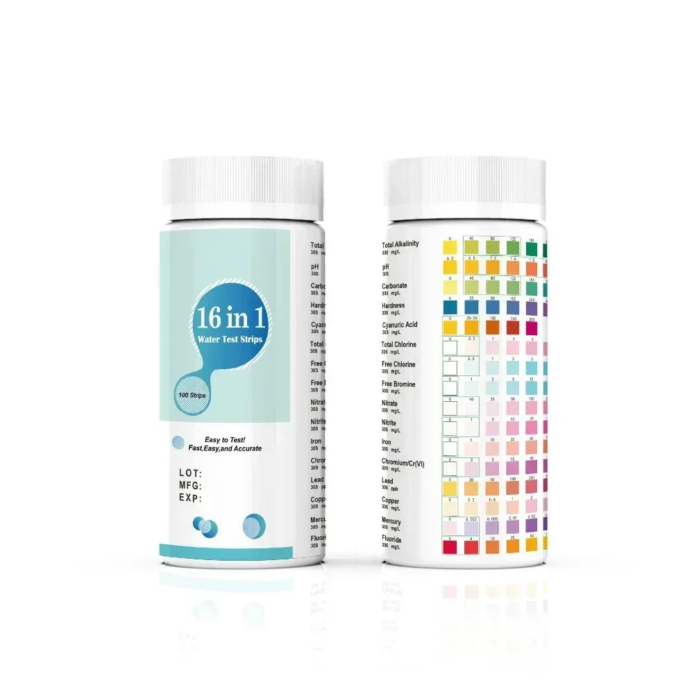 Water test strip kit bottles, 16 in 1, front and back views