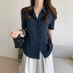 Ele Chiffon irt ort Sve Summer New Loose Collar  Ne White Top Women's Faion Commute Sle Straight Cut