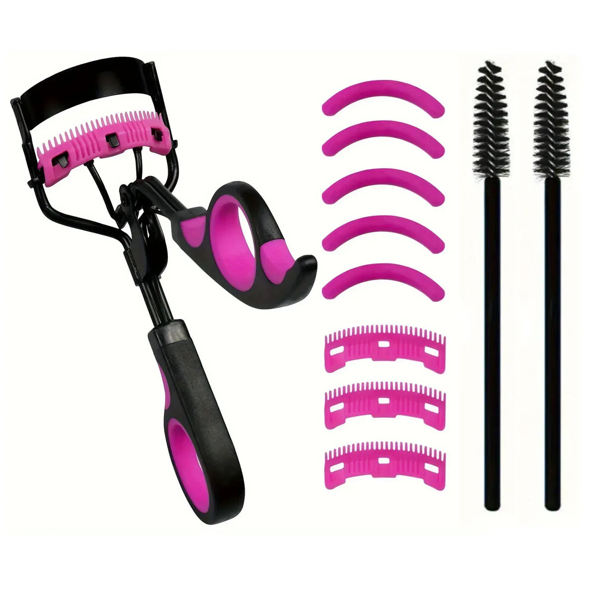 Black eyelash curler with pink accents, mascara wands, and pink replacement pads