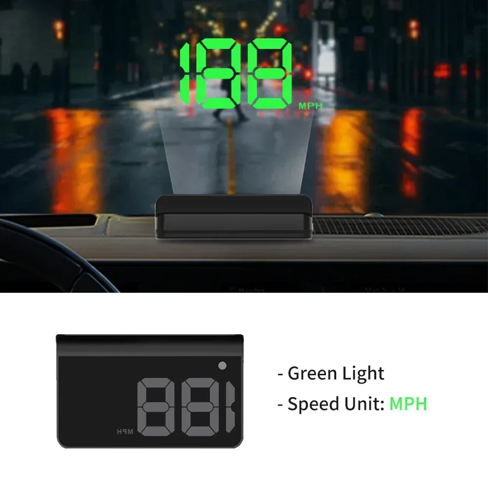 Windshield head-up display speedometer showing 138 MPH with green LED digits