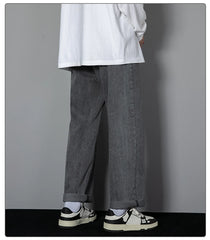 2025 New Korean Men's Casual Long Jeans Classic Man Straight Denim Wide-leg Pants Solid Color Light Blue Grey Black