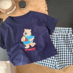Cartoon Pattern Children Short Sleeved Suit T-shirt Outfits Summer Clothing Loose Fashion Casual Two Piece Set Plaid Shorts Set