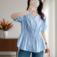 200 Pounds Plus Size Elastic Waist Summer Shirt And Blouse Short Sleeve Solid Top Women's New In Clothes Simple V-neck French