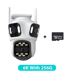 كاميرا IP خارجية ثلاثية العدسات PTZ بدقة 6K عالية الدقة وكاميرا أمان ثلاثية الشاشات مزودة بخاصية WiFi وتتبع تلقائي وكاميرا CCTV لاسلكية مزدوجة العدسات بدقة 4K iCsee