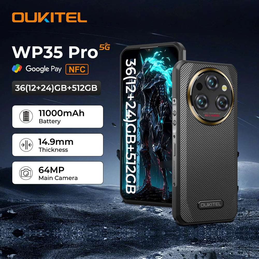 Oukitel WP35 PRO Rugged Smartphone 5G 11000mAh 36GB+512GB, 6.6" 2.4K Display Andiron 14, 64 MP, NFC Cell Phone
