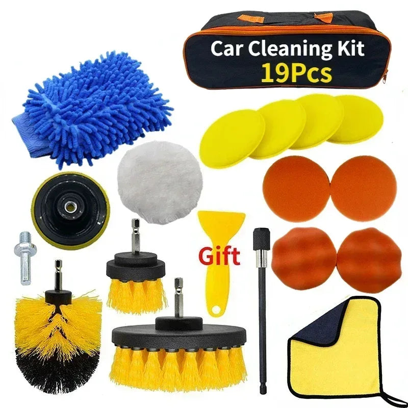 Car cleaning kit 19-piece set with blue brush, yellow pads, sponges and drill tools
