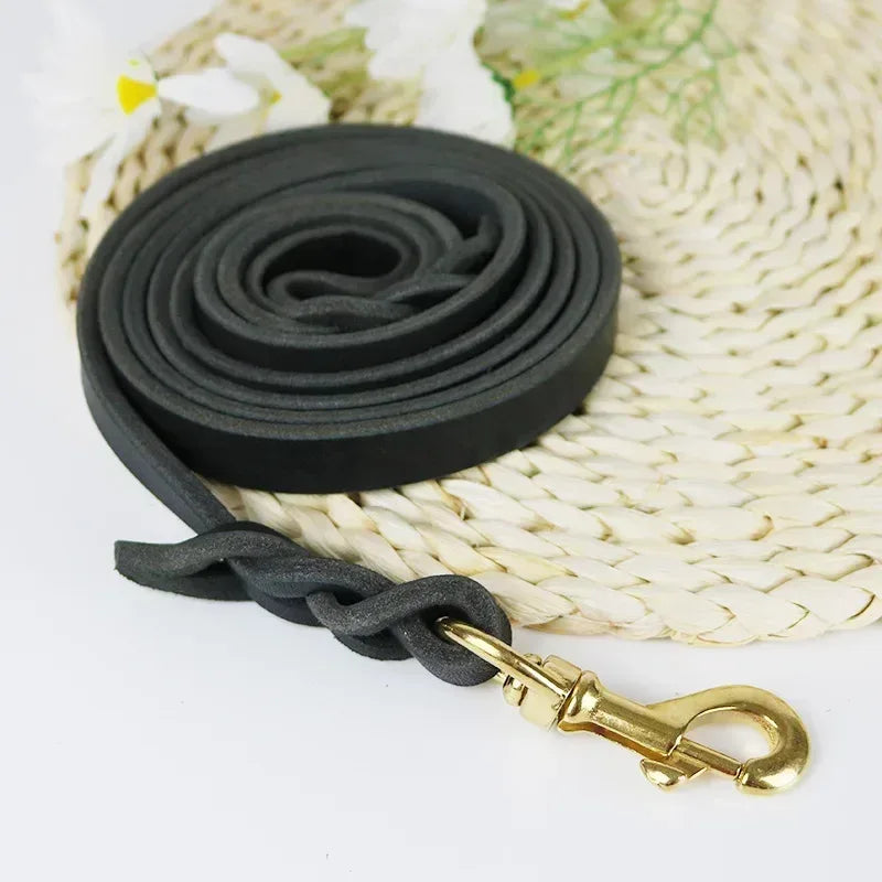 Braided leather dog leash with brass clasp, dark charcoal black