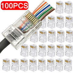 100 قطعة/الوحدة RJ45 CAT6 CAT5e موصلات مرورية ذات نهاية كريستالية مطلية بالذهب 8P8C مجعد UTP معياري لشبكة إيثرنت قابس معياري