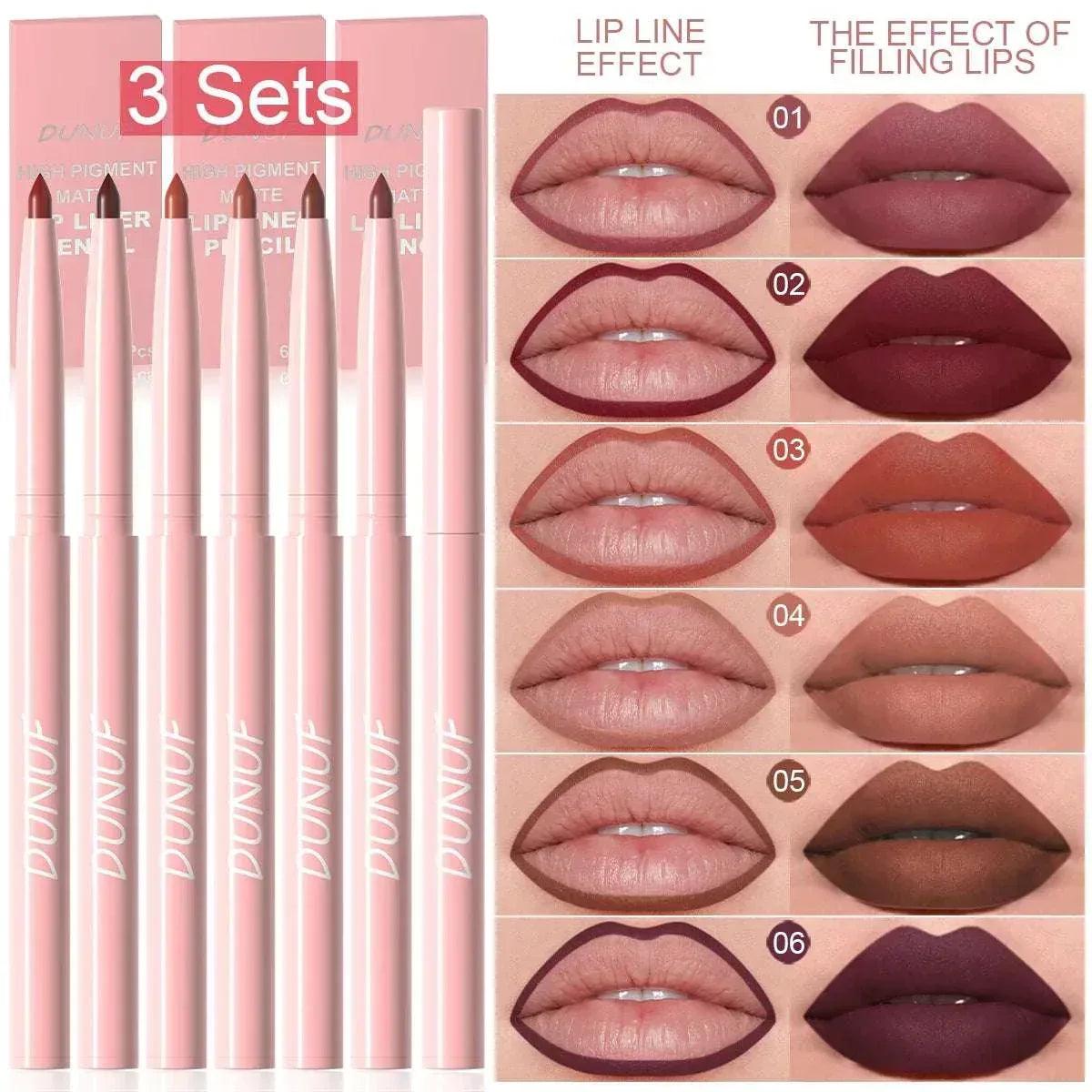 3-pack lip liner pen set with row of pens and lip shade swatches.