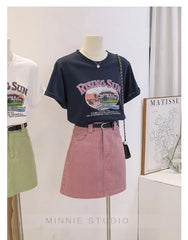 Anti-Aging Cartoon Print ort Sve Women's T-irt Loose Fit Summer Casual round Ne oulder Appropriate Outerwear