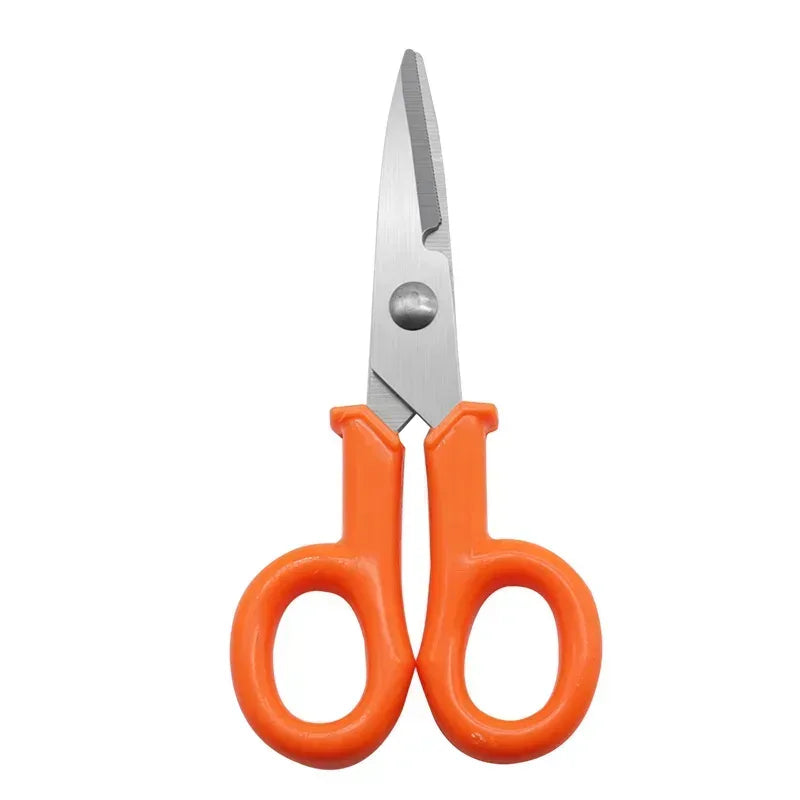 Fishing scissors with orange grips and silver straight blades, two finger loops.
