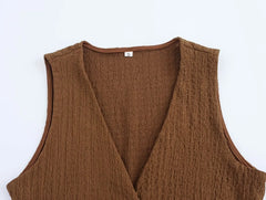 EDSA Women 2 Pcs Set V-Neck Single Breasted Solid Texture Casual Vest Top+High-Waisted Drawstring Wide Leg Pants