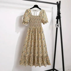 Beige floral chiffon A-line dress with puff sleeves, elastic waist, tiered skirt