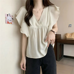 Ele Summer New Sle Women's irt Beautiful Soft Korean Sweet Fly Sve V-ne Top Polyester Fiber Casual Faion