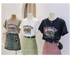 Anti-Aging Cartoon Print ort Sve Women's T-irt Loose Fit Summer Casual round Ne oulder Appropriate Outerwear