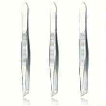 Stainless steel tweezers set with three straight ridged tips on white background