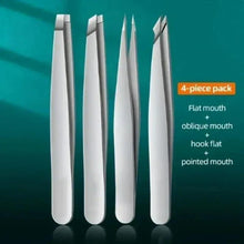 Four-piece tweezers set with multiple silver tip shapes for precise grooming