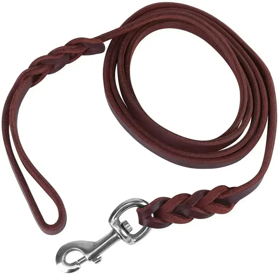 Braided leather dog leash with metal hooks, dark brown burgundy